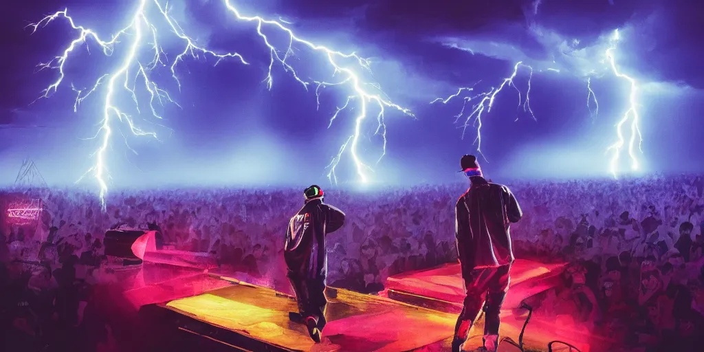 Image similar to Lightning storm while rapper performs on stage, digital art, vapor wave, hip hop, blade runner, trending on Artstation, professional artist, detailed, 4k