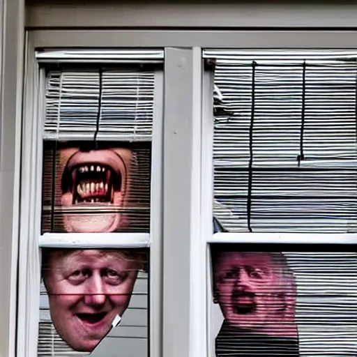 Image similar to a photo taken from the inside of an old house, showing window blinds being pulled back to reveal a terrifying boris johnson with his unhinged face pressed against the window and his bloody hands placed on the window, horrifying grin. horror, raining, night time, zoomed out