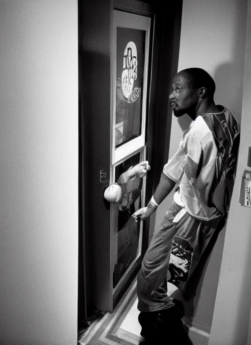 Prompt: Portrait of a 1990s Philadelphia b-boy looking back while exiting his apartment, hand on the doorknob, photographed for Reuters, Kodak Portra 400, 25mm f/1.8, light diffusion, contrast, film grain, 8k archival print