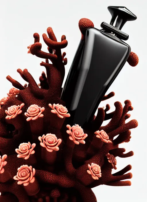 Prompt: perfume bottle standing in a miniature biomechanical black enchanted coral kingdom made of corals, daisies, roses in an ivory room well contoured smooth fair walls, up close shot, sharp focus, global illumination, radiant light, alexandre ferra white mecha, irakli nadar, octane highly render, 4 k, ultra hd,