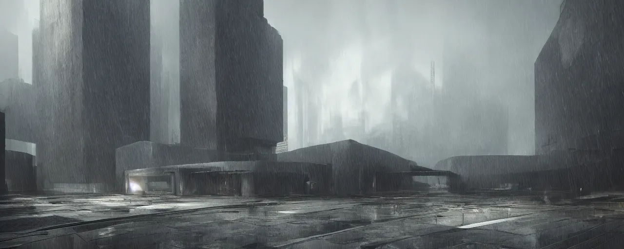 Image similar to brutalist architecture, metal, concrete, mist, daytime, dramatic lighting, trending on Artstation, 8k, highly realistic, hyper detailed, unreal engine 5, IMAX quality, realistic, cinematic, epic lighting, realistic, in the style of Greg Rutkowski