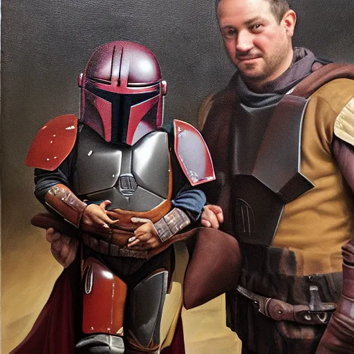 Image similar to renaissance oil painting of the mandalorian and baby grogu, renaissance oil painting, sharp focus, high contrast studio lighting