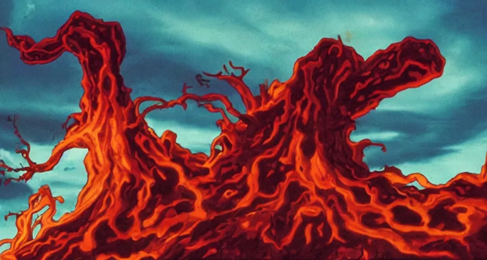 Image similar to a volcano made of ivory vines and crimson rocks enters in eruption, it spits a smoke in the shape of demonic eye, by don bluth