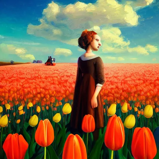 Image similar to girl with a giant tulip head, surreal photography, flower field, sunset dramatic light, impressionist painting, colorful clouds, blue sky, digital painting, artstation, simon stalenhag