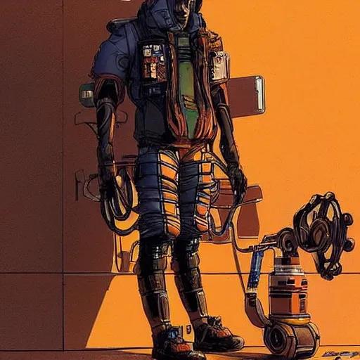 Prompt: cyberpunk mechanic dude with robotic calves. orange and black color scheme. concept art by james gurney and mœbius. apex legends character art