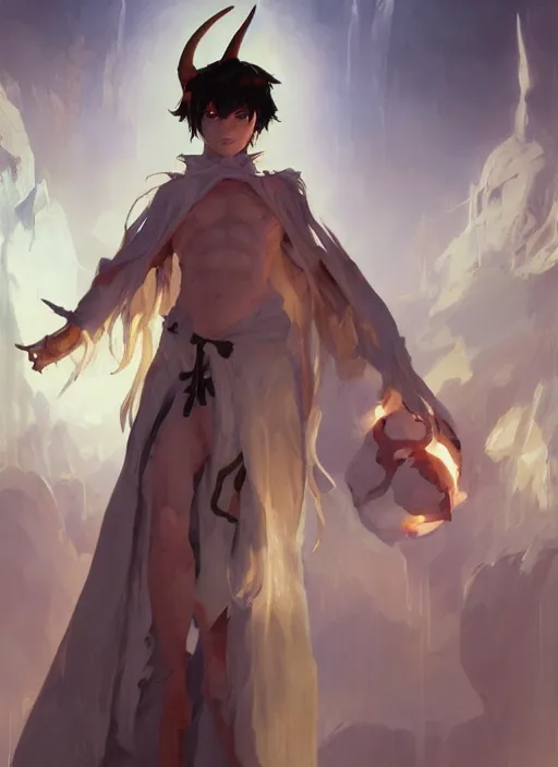 Image similar to concept art painting of a tan person with short white hair, demon horns, white freckles, and blue robes, detailed, cel shaded, in the style of ruan jia and artgerm and makoto shinkai and james gurney