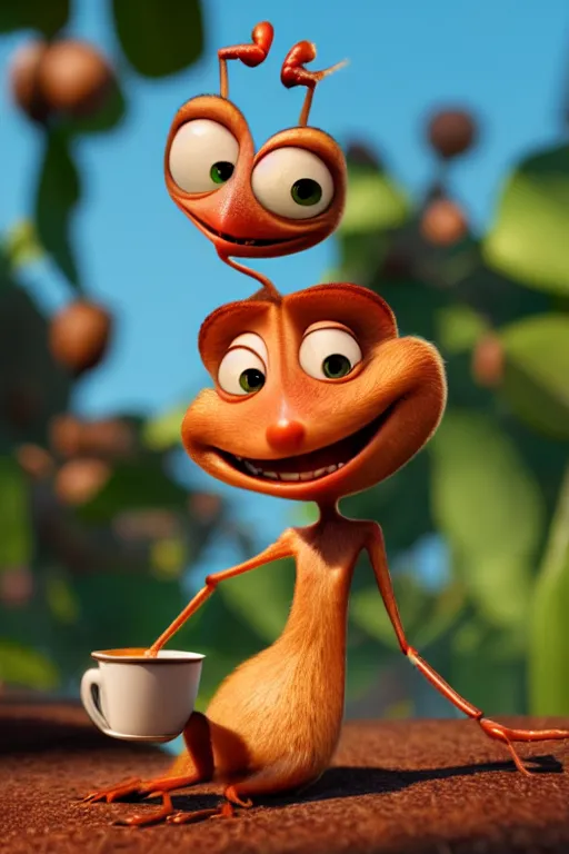 Image similar to a funny ant character with big eyes holding one cup of coffee on top of a leaf at a sunny morning. pixar disney 4 k 3 d render movie oscar winning trending on artstation and behance. ratatouille style.