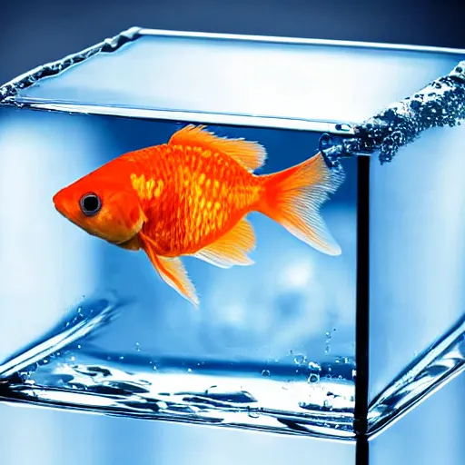 Prompt: a goldfish swimming inside a cube made of water looking at its reflection on the side of the cube