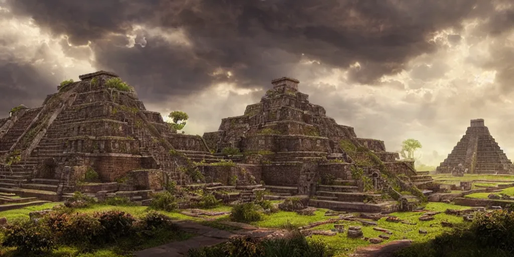 Prompt: beautiful ancient aztec temple overrun by nature, gorgeous clouds, god rays, digital art, landscape, fantasy art, octane render, ureal engine, high detail, very realistic, by greg rutkowski. by james gurney