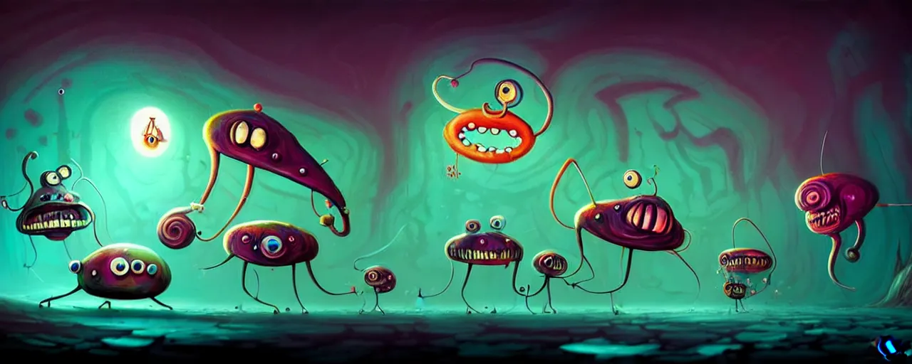 Image similar to wild whimsical plankton mutants from the depths of a wasteland deep in the imaginal realm, dramatic lighting, surreal fleischer cartoon characters, shallow dof, surreal painting by ronny khalil