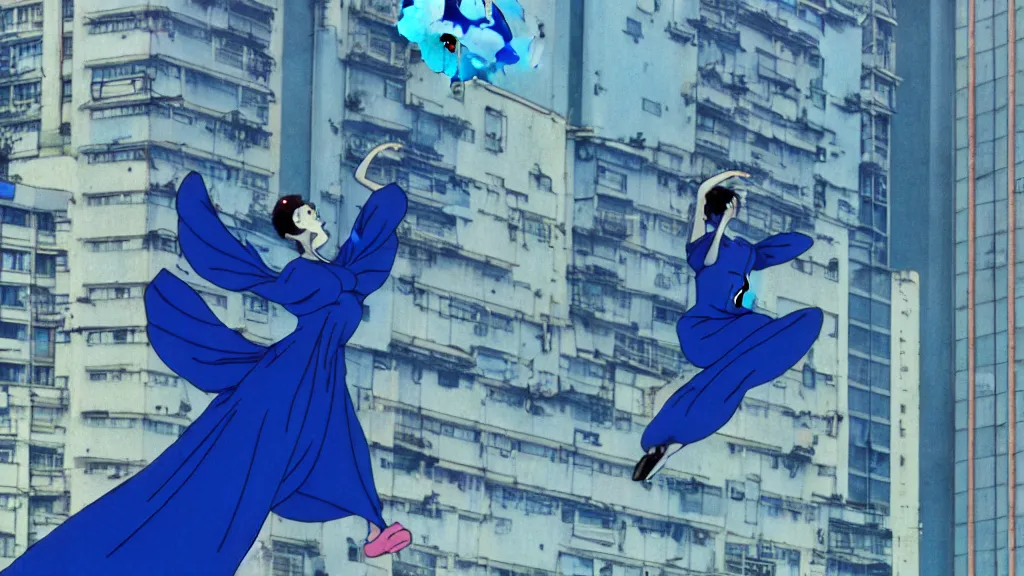 Prompt: a woman in a blue dress wearing a blue swan mask falling from a building in Tokyo , film still from the an anime directed by Katsuhiro Otomo with art direction by Salvador Dalí, wide lens