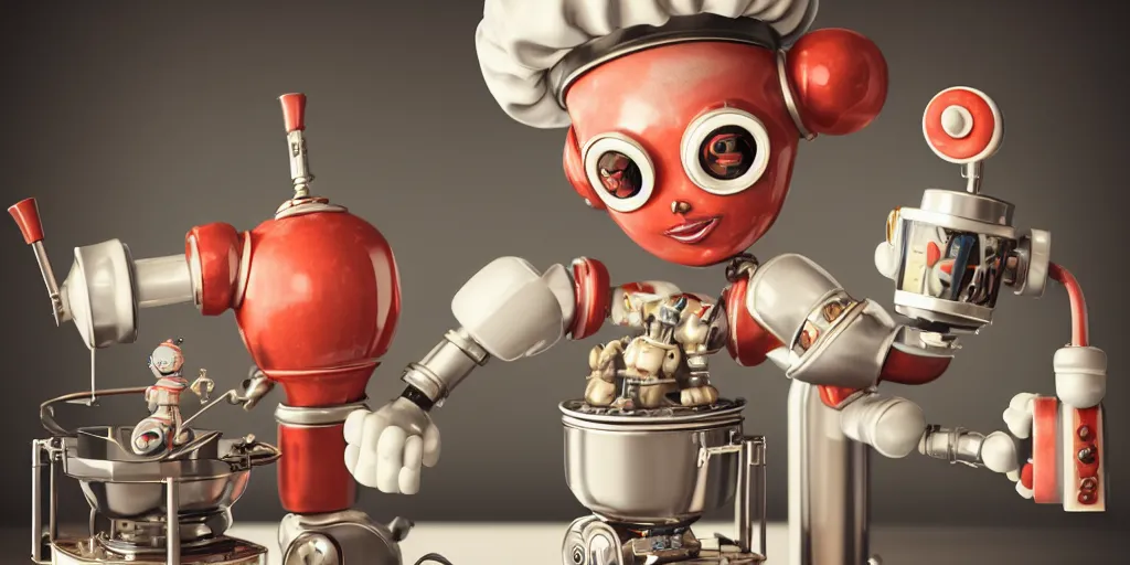 Image similar to closeup portrait of tin toy retro robot chef mixing chemicals cooking pastry in a kitchen, depth of field, zeiss lens, detailed, centered, fashion photoshoot, by nicoletta ceccoli, mark ryden, lostfish, breathtaking, 8 k resolution, extremely detailed, beautiful, establishing shot, artistic, hyperrealistic, octane render