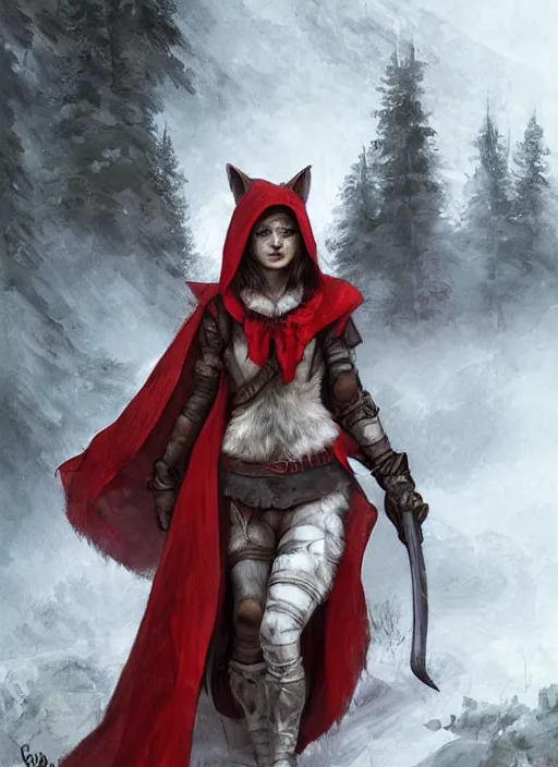 Image similar to digital _ painting _ of _ little red riding hood wolf slayer _ by _ filipe _ pagliuso _ and _ justin _ gerard _ symmetric _ fantasy _ highly _ detailed _ realistic _ intricate _ port