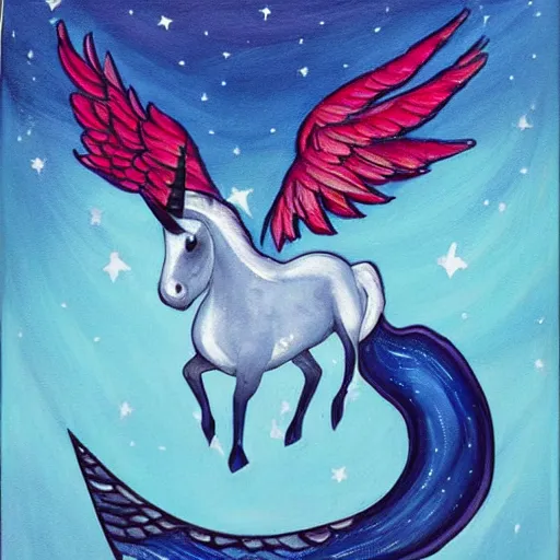 Image similar to A lonely dark-blue unicorn with wings sits on the moon's surface 🎨🖌️