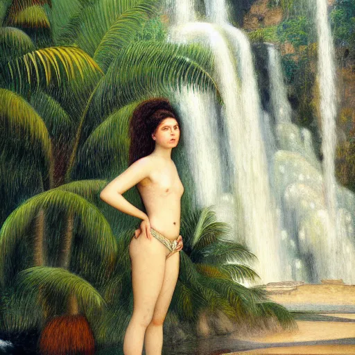 Prompt: a ultradetailed beautiful painting of lorde standing in front of the diamonds waterfall in the amazonas palace balustrade designed by jules bastien - lepage, tarsila do amaral, frank weston and gustave baumann, beach, trending on artstation, mediterranean, palm trees, sharp focus, soft light, 8 k 4 k