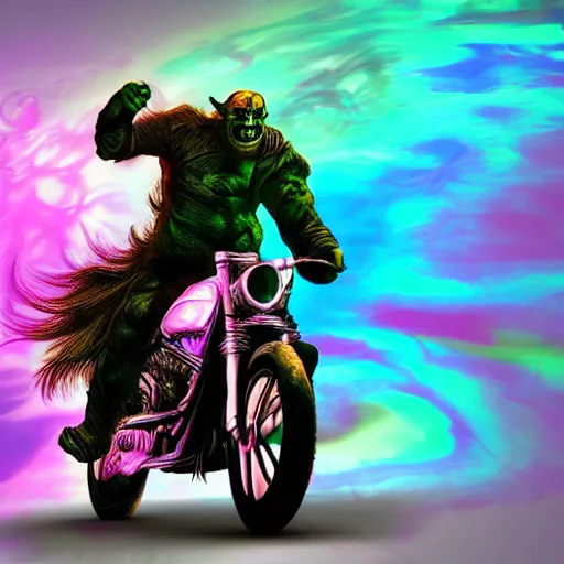 Image similar to psychedelic blacklight airbrush artwork, hyper stylized action shot of an orc biker riding a motorcycle, clear focused details, radical, cgsociety, artstation, soft airbrushed edges and gradients on a black background