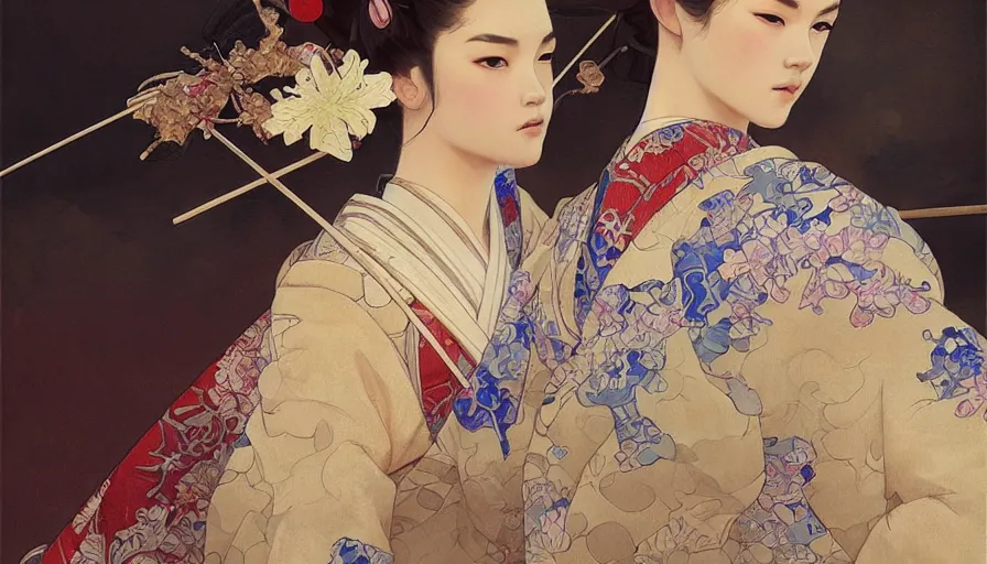 Prompt: a beautiful realistic painting of geisha and samurai, intricate, elegant, highly detailed, digital painting, artstation, concept art, by krenz cushart and artem demura and alphonse mucha