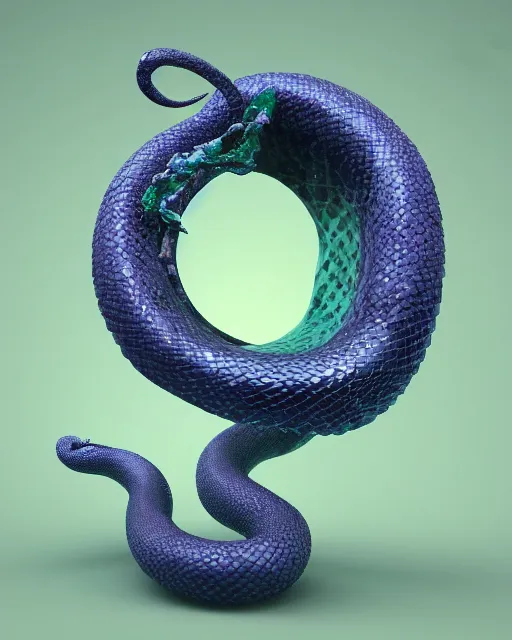 Image similar to a photo of a sculpture of a snake encircling a marble egg made from blue and emerald and amethyst crystal geode formations with liquid gold tendrils by jean pierre roy by stanisław szukalski by beeple, octane render, recursive, tendrils, tessellation, elestial crystals, geode, refracted light