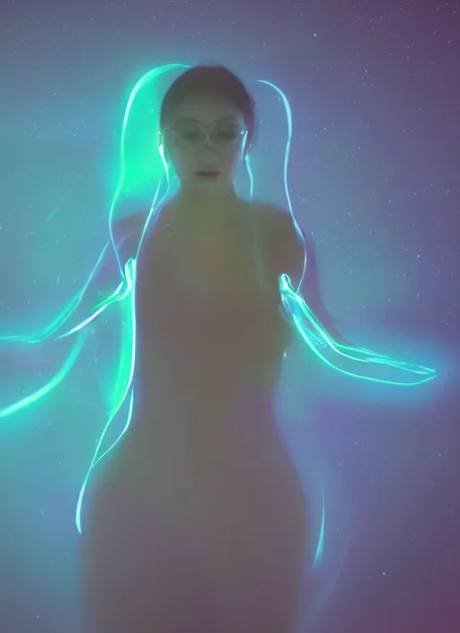 Image similar to female floating, bright glowing aura, astral projection, long exposure, film grain, cinematic lighting, trending on cgsociety, 4 k