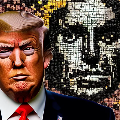 Image similar to portrait mosaic of trump with robot eyes, 4k, intricate details, digital, sun in the background