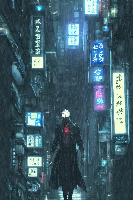 Image similar to a cyberpunk samurai in a raining cobblestone alleyway in tokyo, neon lights, full moon, fog cinematic greg rutkowski anime art hunter x hunter togashi