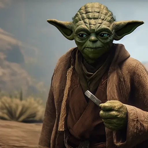 Prompt: Film still of Yoda in Red Dead Redemption 2 (2018 video game)