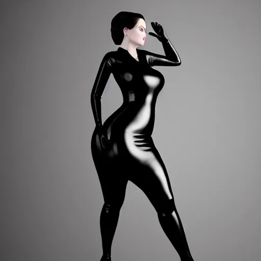 Image similar to portrait of a curvy feminine pale goth cutie in a modest intricate latex-leather-rubber tight neck-high dress, with a thin waist, rubber stockings, cgsociety, photorealistic, sublime-comfy-elegant ambience, 16k, smooth, sharp focus, trending on ArtStation, volumetric lighting, fully clothed, worksafe