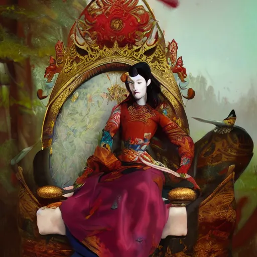 Image similar to Portrait of Stoya as a oriental queen on her throne in the forets, by Sergey Kolesov, trending on Artstation, 8k, masterpiece, graffiti paint, dishonored, fine detail, full of color, intricate detail