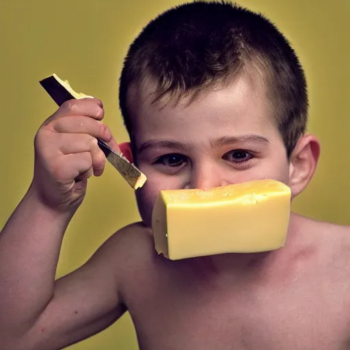 Image similar to boy eating a big piece of cheese, Tattoo, Shot on 70mm, by Wētā FX