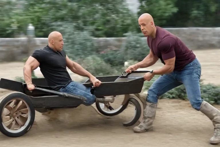 Image similar to Vin Diesel driving a wheelbarrow