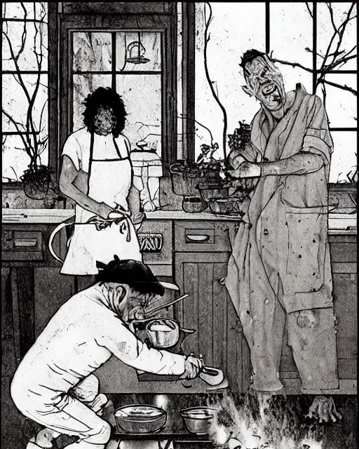 Image similar to dark fleshy figure cooking on stove top while another dark figure laughs alone inside a kitchen overgrown with plants in the style of Norman Rockwell and Greg Rutkowski and Francis Bacon