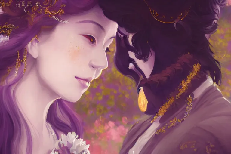 Image similar to a cinematic portrait of wedding photograph jpeg close up moment of a divine a japan sun god and moon goddess lovers magician at a wedding banquet. portraiture. digital painting. artstation. concept art. wedding photo. digital painting. violet evergarden art masterpiece by art by krenz cushart