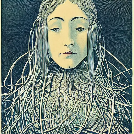 Prompt: portrait of a beautiful young lady with silver eyes, woodcut, poster art, by Mackintosh, art noveau, by ernst haeckel