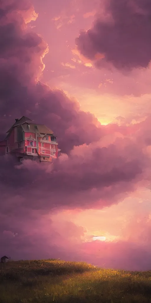 Prompt: a pink house in the sky, clouds, sunset, greg rutkowski, zabrocki, karlkka, jayison devadas, trending on artstation, 8 k, ultra wide angle, zenith view, pincushion lens effect