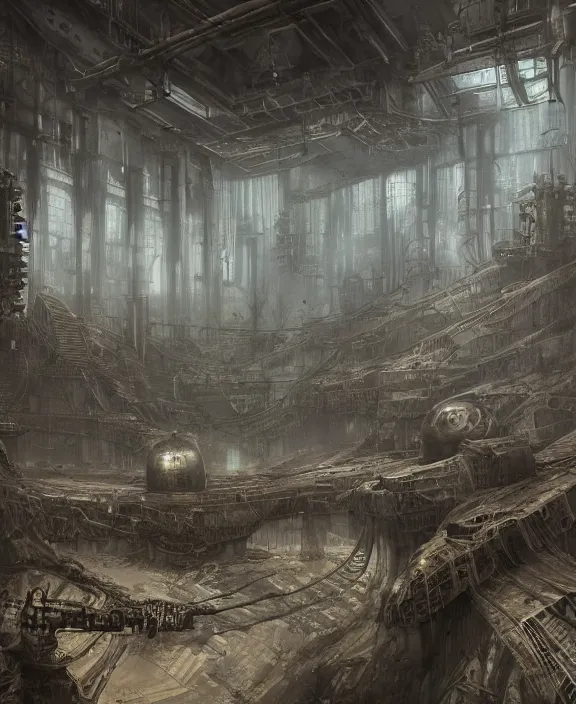 Prompt: the interior of a grim steampunk military headquarters, by HR Giger and Beksiński and Stephan Martiniere , 4k resolution, detailed, trending on artstation
