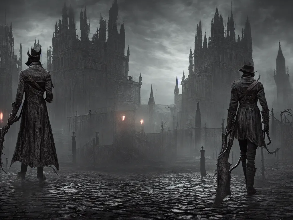 Image similar to bloodborne 2, dark, nighttime, victorian england style, horror, grotesque, serene, haunting, High Definition detail, 8K