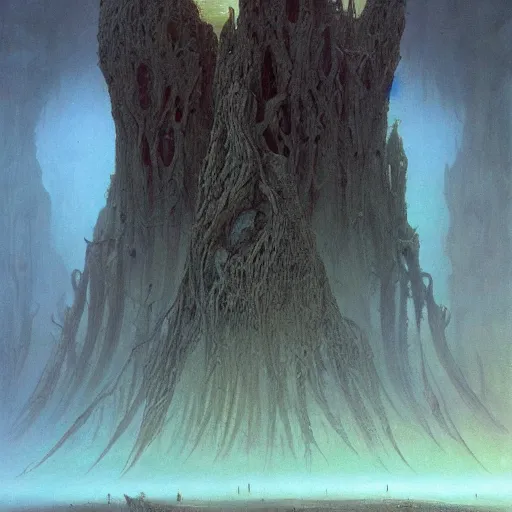 Image similar to a beautiful and ominous matte painting of an exotic alien planet with strange carnivorous plants, twisted bony trees, crashed spaceship submerged in fog beneath the setting sun by karol bak and beksinski and wayne barlowe, exquisite detail, post processing, sharp focus, deep colors