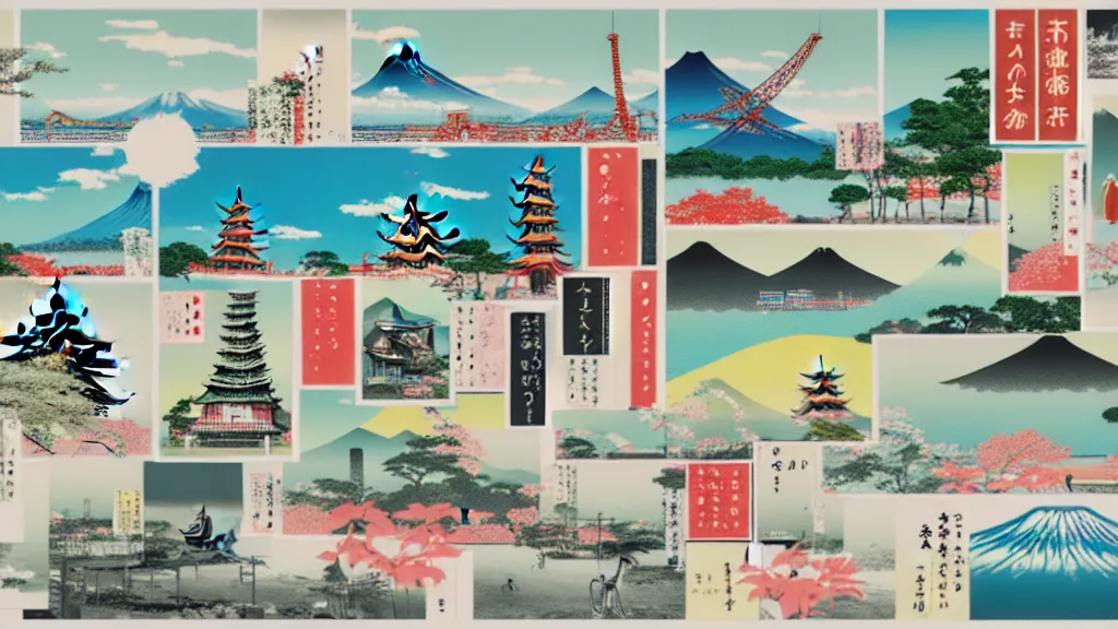 Prompt: travel and tourism, japan, a collage painting, in the style of wes anderson, lola dupre, david hockney, isolated on negative white space background dark monochrome neon spraypaint accents volumetric octane render