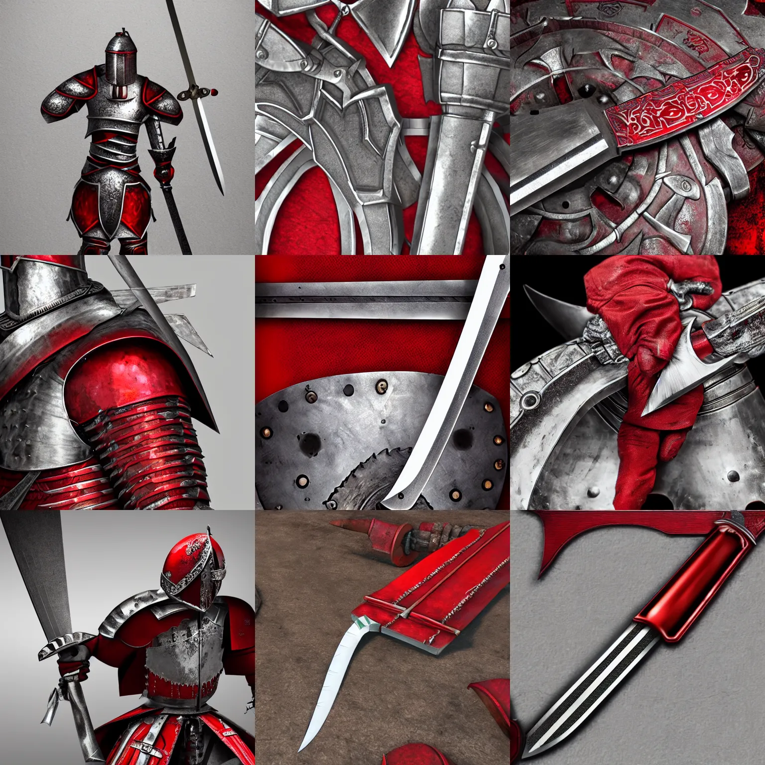 Prompt: a blade made of other blades, wielded by a knight in red metal armor. high detail, 1 0 8 0 p