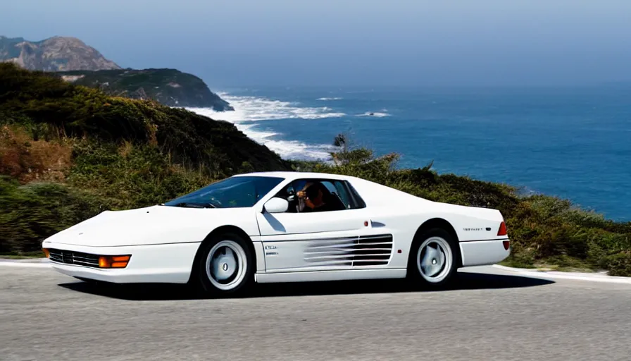 Image similar to a still of a white ferrari testarossa racing along the pacific coast highway, ocean in the background, 8 k,