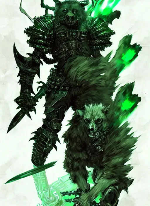Prompt: Full body portrait of a gnoll warrior with a armour made of bones, emanating with green aura. In style of Yoji Shinkawa and Hyung-tae Kim, trending on ArtStation, dark fantasy, great composition, concept art, highly detailed, dynamic pose.