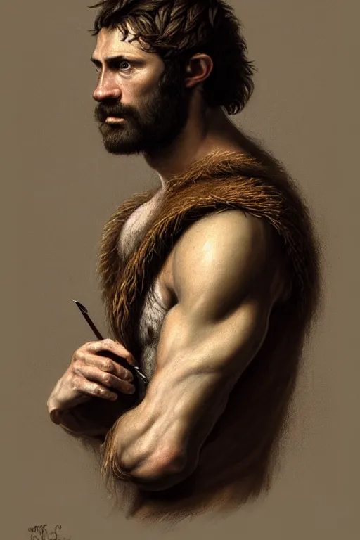 Prompt: renaissance full body portrait of a gruff ranger, handsome face, lean and toned, hairy chest and hairy body, D&D, intricate, elegant, highly detailed, digital painting, artstation, concept art, matte, sharp focus, chiaroscuro, well list, sharp detail, illustration, art by Da Vinci, Artgerm and Greg Rutkowski and Alphonse Mucha