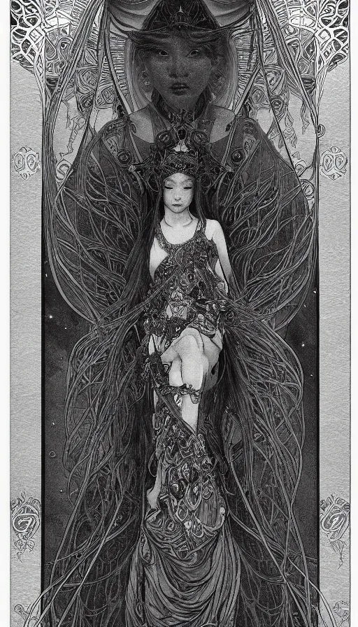 Prompt: yoon young bae as the high priestess, tarot design, by mucha, by agostino arrivabene, black and white graphite drawing, smooth render