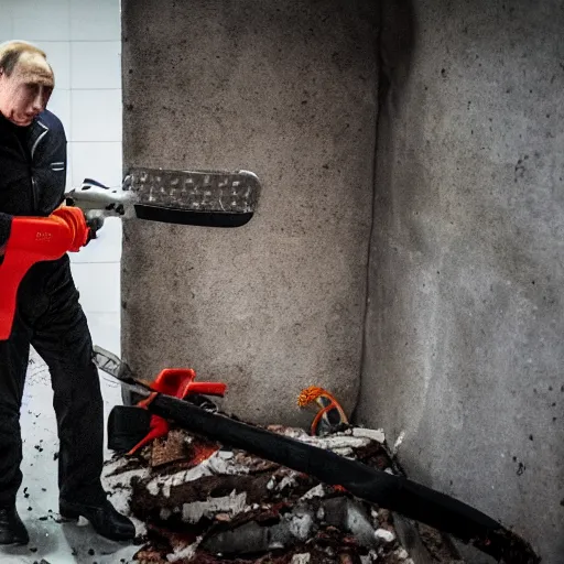 Image similar to putin with a chainsaw and a corpse. in a concrete bunker. focus on putins face with blood splatters. canon eos r 3, f / 1. 4, iso 1 6 0 0, 1 / 8 0 s, 8 k, raw, grainy