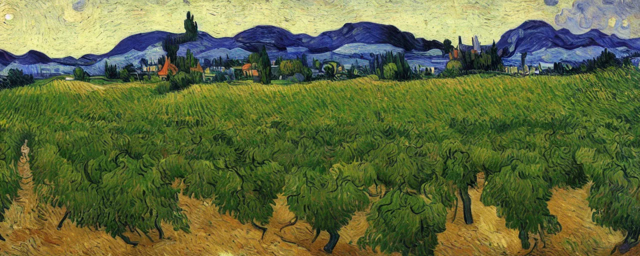 Image similar to trending on artstation, an idyllic vineyard, oil on canvas, in the style of Vincent van Gogh