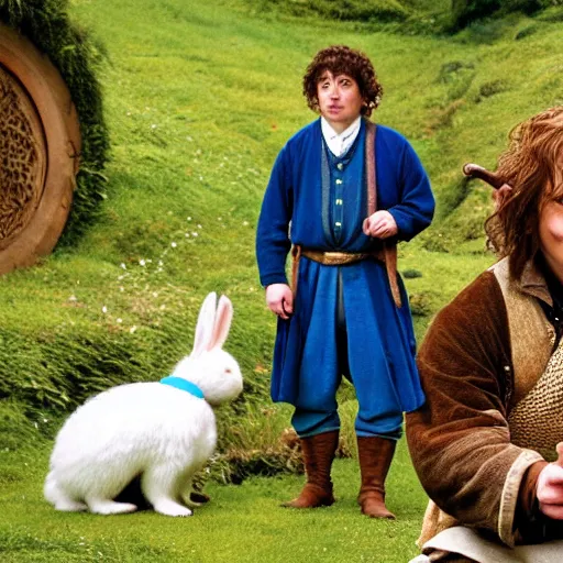 Image similar to hobbit wearing a blue vest and white sash, a british lad as Bartook a teen hobbit with short curly dark brown hair wearing a blue vest with a white sash standing next to a giant rabbit, high resolution film still, movie by Peter Jackson