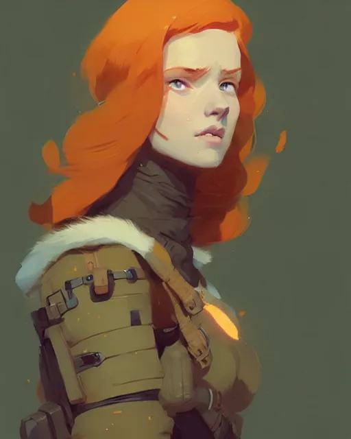 Image similar to hyper - realistic portrait of beautiful ginger female adventurer by atey ghailan, by greg rutkowski, by greg tocchini, by james gilleard, by joe fenton, by kaethe butcher, dynamic lighting, gradient light yellow, brown, blonde cream and white color scheme, grunge aesthetic