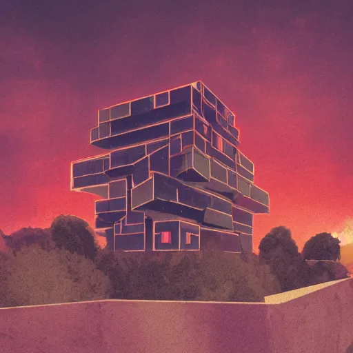 Image similar to glitched brutalism, artstation, low sunset, great composition