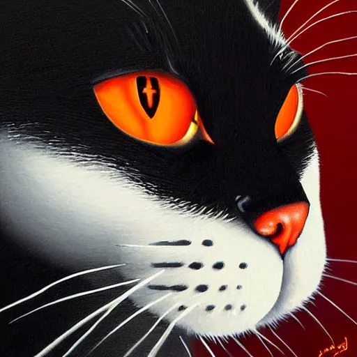 Prompt: an Hyper realistic artwork of a black cat with orange eyes looking at the white moon by Jason de Graaf