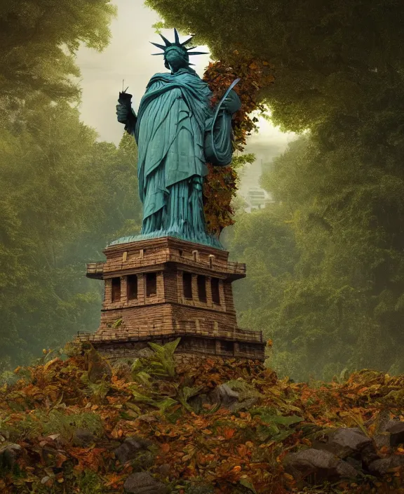 Image similar to highly detailed digital matte painting of a Lady Liberty statue covered in leaves and nature with overgrowth Full shot. By Raphael LaCoste and Ruan Jia and Robert McCall, postcyberpunk, geodesic dome, hyperdetailed, sunrise, wide shot, autochrome, octane render